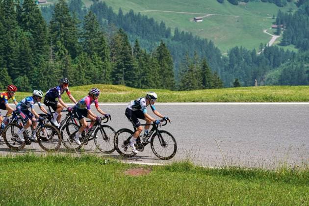 12 06 2025, Tour de Suisse Women 2025 1 stage Gstaad Marlen Reusser 71 Movistar Team leads the field up the Jaunpass near Boltigen Boltigen Jaunpass Bern Switzerland