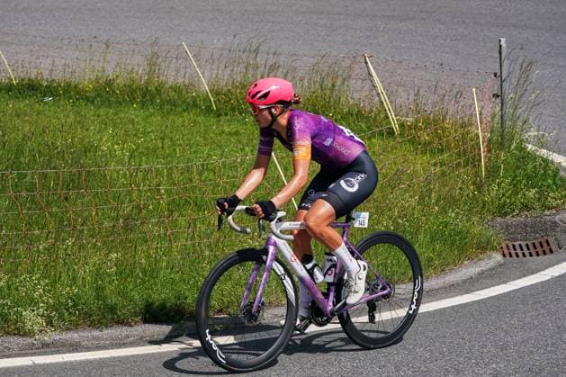 12 06 2025, Tour de Suisse Women 2025 1 stage Gstaad Meike Uiterwijk Winkel 145 Bepink Imatra Bongioanni on the ascent to the Jaunpass Boltigen Jaunpass Bern Switzerland