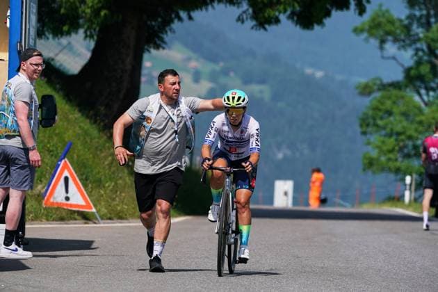 12 06 2025, Tour de Suisse Women 2025 1 stage Gstaad Cooling down on the climb up the Jaun Pass for Argyro Milaki 135 Aromitalia 3T Vaiano Boltigen Jaun Pass Bern Switzerland