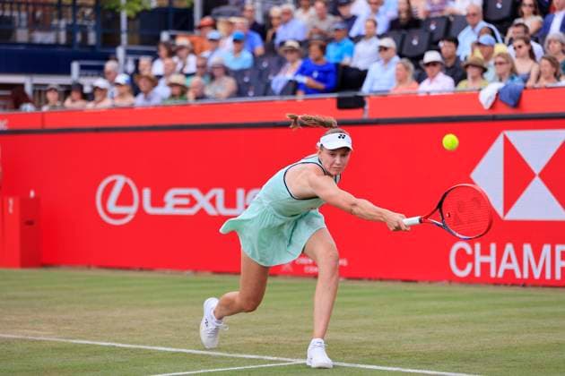 12th June 2025; HSBC Championships, Queen s Club, West Kensington, London, England: HSBC Womens Championships Queens Club, Day 4; Elena Rybakina (KAZ) plays a backhand shot against Heather Watson (GBR)  ActionPlus12800410 HongboxChen