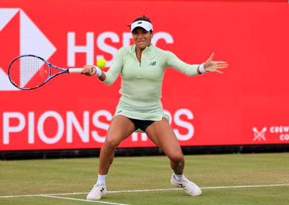 12th June 2025; HSBC Championships, Queen s Club, West Kensington, London, England: HSBC Womens Championships Queens Club, Day 4; Heather Watson (GBR) plays a forehand shot against Elena Rybakina (KAZ)  ActionPlus12800415 HongboxChen