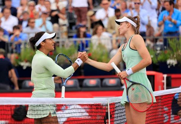 12th June 2025; HSBC Championships, Queen s Club, West Kensington, London, England: HSBC Womens Championships Queens Club, Day 4; Elena Rybakina (KAZ) shakes hands with Heather Watson (GBR) after the match  ActionPlus12800417 HongboxChen