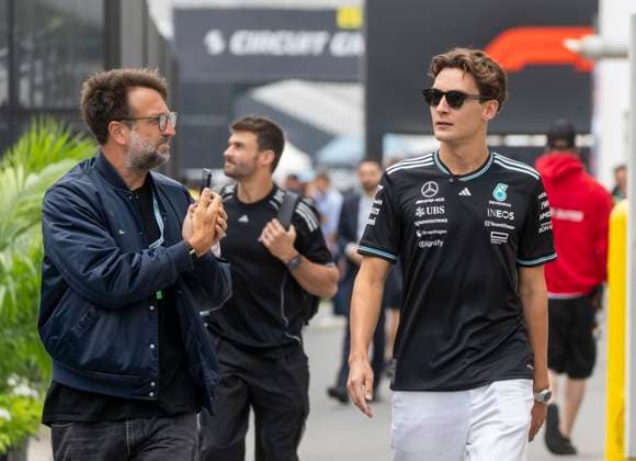 June 12, 2025, Montreal, Qc, CANADA: Mercedes driver George Russell, right, of the United Kingdom, arrives at the Canadian Grand Prix Thursday, June 12, 2025 in Montreal. Canada News - June 12, 2025 - ZUMAc35_ 20250612_zaf_c35_012 Copyright: xChristinnexMuschix
