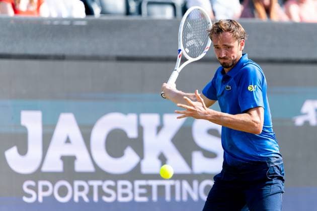 2025-06-12 2025 Libema Open Grass Court Championships ROSMALEN, NETHERLANDS - JUNE 12: Daniil Medvedev of Russia in action during Day Four of 2025 Libema Open Grass Court Championships at Autotron on June 12, 2025 in Rosmalen, Netherlands. Rosmalen Autotron Netherlands Content not available for redistribution in The Netherlands directly or indirectly through any third parties. Copyright: xJorisxVerwijstx