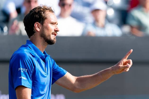 2025-06-12 2025 Libema Open Grass Court Championships ROSMALEN, NETHERLANDS - JUNE 12: Daniil Medvedev of Russia reacts during Day Four of 2025 Libema Open Grass Court Championships at Autotron on June 12, 2025 in Rosmalen, Netherlands. Rosmalen Autotron Netherlands Content not available for redistribution in The Netherlands directly or indirectly through any third parties. Copyright: xJorisxVerwijstx