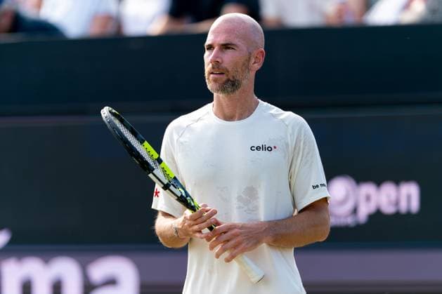 2025-06-12 2025 Libema Open Grass Court Championships ROSMALEN, NETHERLANDS - JUNE 12: Adrian Mannarino of France looks on during Day Four of 2025 Libema Open Grass Court Championships at Autotron on June 12, 2025 in Rosmalen, Netherlands. Rosmalen Autotron Netherlands Content not available for redistribution in The Netherlands directly or indirectly through any third parties. Copyright: xJorisxVerwijstx