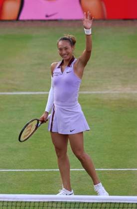 12th June 2025; HSBC Championships, Queen s Club, West Kensington, London, England: HSBC Womens Championships Queens Club, Day 4; Qinwen Zhang (CHN) celebrates her victory after defeating McCartney Kessier (USA)  ActionPlus12800482 HongboxChen