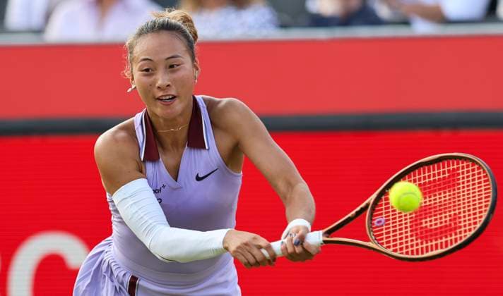 12th June 2025; HSBC Championships, Queen s Club, West Kensington, London, England: HSBC Womens Championships Queens Club, Day 4; Qinwen Zhang (CHN) plays a backhand shot against McCartney Kessier (USA)  ActionPlus12800466 HongboxChen