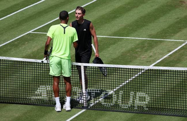 BAU Stuttgart Tennis , BOSS Open, Justin Engel GER, right says goodbye to Felix Auger Aliassime CAN