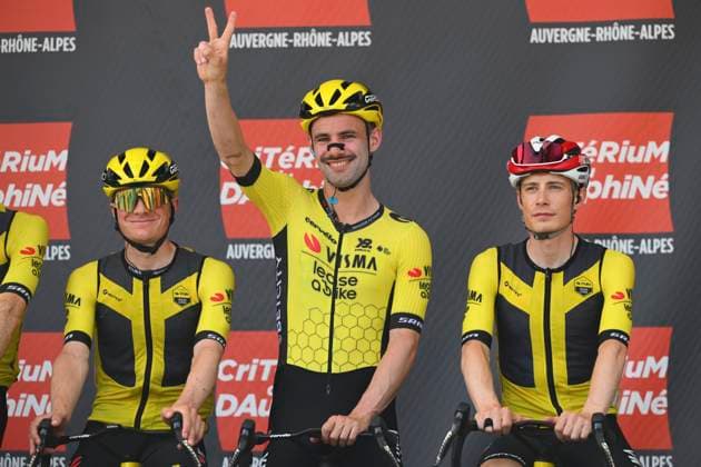 Criterium du Dauphine 2025 Stage 6 COMBLOUX, FRANCE - JUNE 13 : Campenaerts Victor (BEL) of Team Visma - Lease a Bike and Vingegaard Jonas (DEN) of Team Visma - Lease a Bike during stage 6 of the 77th edition of Criterium du Dauphine Libere an UCI World Tour 2.UWT cycling road race stage for Men Elite of 126.7 km with start in Valserhone and finish in Combloux on June 13, 2025 in Combloux, France, 13 06 2025 ( Motordriver Kenny Verfaillie - Combloux France  Copyright: xVincentxKalutx