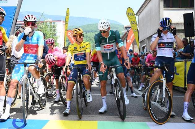 Criterium du Dauphine 2025 Stage 6 COMBLOUX, FRANCE - JUNE 13 : Ourselin Paul (FRA) of Cofidis, Evenepoel Remco (BEL) of Soudal - Quick Step and Van Der Poel Mathieu (NED) of Alpecin - Deceuninck , Lipowitz Florian (GER) of Red Bull BORA - Hansgrohe during stage 6 of the 77th edition of Criterium du Dauphine Libere an UCI World Tour 2.UWT cycling road race stage for Men Elite of 126.7 km with start in Valserhone and finish in Combloux on June 13, 2025 in Combloux, France, 13 06 2025 ( Motordriver Kenny Verfaillie - Combloux France  Copyright: xVincentxKalutx