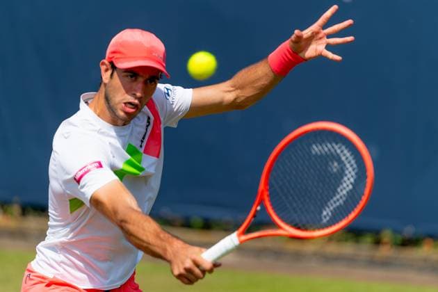 2025-06-13 2025 Libema Open Grass Court Championships ROSMALEN, NETHERLANDS - JUNE 13: Nuno Borges of Portugal in action during Day Five of 2025 Libema Open Grass Court Championships at Autotron on June 13, 2025 in Rosmalen, Netherlands. Rosmalen Autotron Netherlands Content not available for redistribution in The Netherlands directly or indirectly through any third parties. Copyright: xJorisxVerwijstx