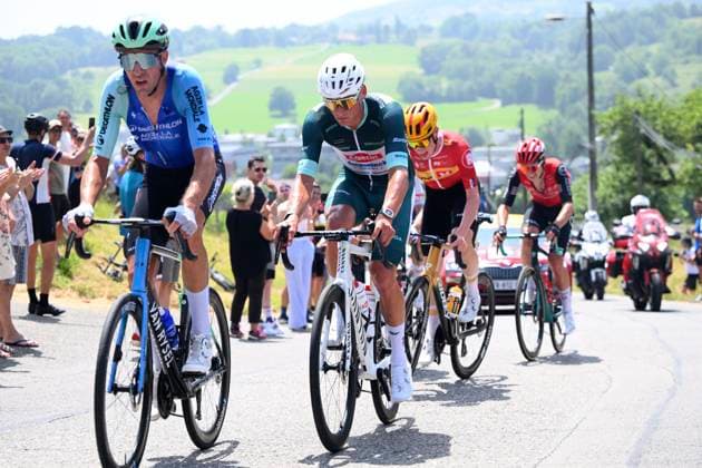 Criterium du Dauphine 2025 Stage 6 COMBLOUX, FRANCE - JUNE 13 : Armirail Bruno (FRA) of Decathlon AG2R La Mondiale Team, Van Der Poel Mathieu (NED) of Alpecin - Deceuninck during stage 6 of the 77th edition of Criterium du Dauphine Libere an UCI World Tour 2.UWT cycling road race stage for Men Elite of 126.7 km with start in Valserhone and finish in Combloux on June 13, 2025 in Combloux, France, 13 06 2025 ( Motordriver Kenny Verfaillie - Combloux France  Copyright: xVincentxKalutx