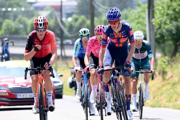 Criterium du Dauphine 2025 Stage 6 COMBLOUX, FRANCE - JUNE 13 : Leonard Michael (CAN) of INEOS Grenadiers, Bardet Romain (FRA) of Team Picnic PostNL during stage 6 of the 77th edition of Criterium du Dauphine Libere an UCI World Tour 2.UWT cycling road race stage for Men Elite of 126.7 km with start in Valserhone and finish in Combloux on June 13, 2025 in Combloux, France, 13 06 2025 ( Motordriver Kenny Verfaillie - Combloux France  Copyright: xVincentxKalutx
