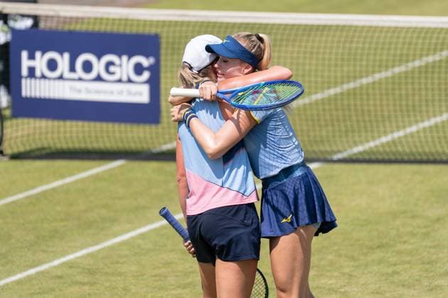 2025-06-13 2025 Libema Open Grass Court Championships Autotron ROSMALEN, NETHERLANDS - JUNE 13: Irina Khromacheva of Russia, Fanny Stollar of Hungary during the 2025 Libema Open Grass Court Championships at Autotron on June 13, 2025 in Rosmalen, Netherlands. Rosmalen Autotron Netherlands Content not available for redistribution in The Netherlands directly or indirectly through any third parties. Copyright: xMarleenxFouchierx