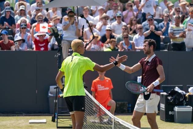 2025-06-13 2025 Libema Open Grass Court Championships Autotron ROSMALEN, NETHERLANDS - JUNE 13: Gabriel Diallo of Canada, Karen Kachanov of Russia during the 2025 Libema Open Grass Court Championships at Autotron on June 13, 2025 in Rosmalen, Netherlands. Rosmalen Autotron Netherlands Content not available for redistribution in The Netherlands directly or indirectly through any third parties. Copyright: xMarleenxFouchierx