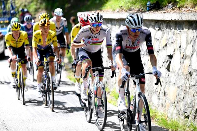 Criterium du Dauphine 2025 Stage 6 COMBLOUX, FRANCE - JUNE 13 : Wellens Tim (BEL) of UAE Team Emirates - XRG, Pogacar Tadej (SLO) of UAE Team Emirates - XRG, Vingegaard Jonas (DEN) of Team Visma - Lease a Bike, Evenepoel Remco (BEL) of Soudal - Quick Step during stage 6 of the 77th edition of Criterium du Dauphine Libere an UCI World Tour 2.UWT cycling road race stage for Men Elite of 126.7 km with start in Valserhone and finish in Combloux on June 13, 2025 in Combloux, France, 13 06 2025 ( Motordriver Kenny Verfaillie - Combloux France  Copyright: xVincentxKalutx