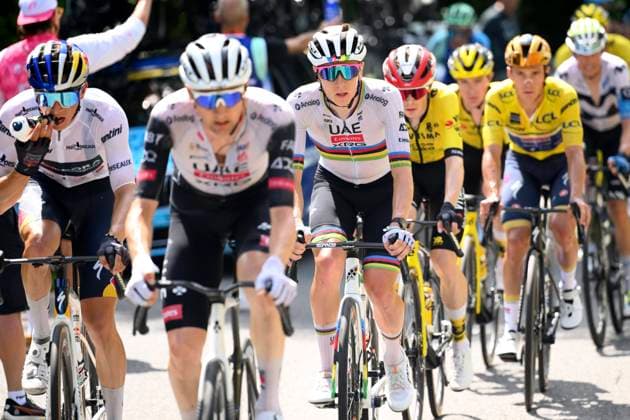 Criterium du Dauphine 2025 Stage 6 COMBLOUX, FRANCE - JUNE 13 : Lipowitz Florian (GER) of Red Bull BORA - Hansgrohe, Wellens Tim (BEL) of UAE Team Emirates - XRG, Pogacar Tadej (SLO) of UAE Team Emirates - XRG, Vingegaard Jonas (DEN) of Team Visma - Lease a Bike, Evenepoel Remco (BEL) of Soudal - Quick Step during stage 6 of the 77th edition of Criterium du Dauphine Libere an UCI World Tour 2.UWT cycling road race stage for Men Elite of 126.7 km with start in Valserhone and finish in Combloux on June 13, 2025 in Combloux, France, 13 06 2025 ( Motordriver Kenny Verfaillie - Combloux France  Copyright: xVincentxKalutx