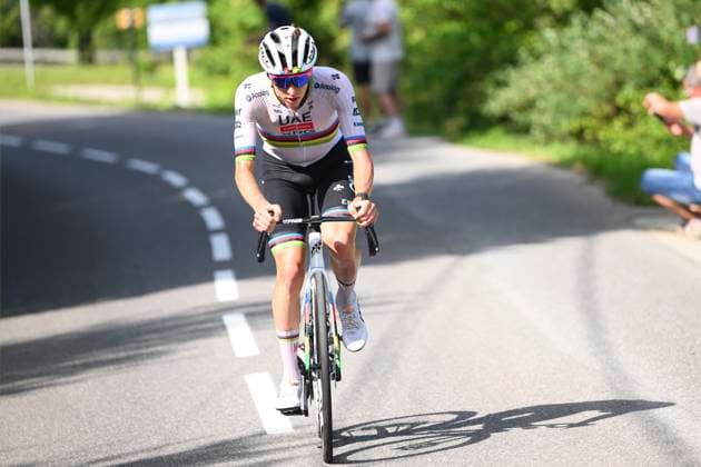 Criterium du Dauphine 2025 Stage 6 COMBLOUX, FRANCE - JUNE 13 : Pogacar Tadej (SLO) of UAE Team Emirates - XRG attacking during stage 6 of the 77th edition of Criterium du Dauphine Libere an UCI World Tour 2.UWT cycling road race stage for Men Elite of 126.7 km with start in Valserhone and finish in Combloux on June 13, 2025 in Combloux, France, 13 06 2025 ( Motordriver Kenny Verfaillie - Combloux France  Copyright: xVincentxKalutx