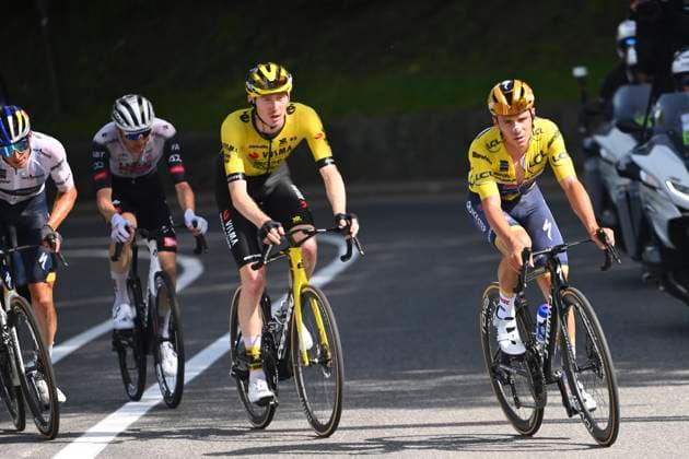 Criterium du Dauphine 2025 Stage 6 COMBLOUX, FRANCE - JUNE 13 : Lipowitz Florian (GER) of Red Bull BORA - Hansgrohe, Evenepoel Remco (BEL) of Soudal - Quick Step, Jorgenson Matteo (USA) of Team Visma - Lease a Bike, Wellens Tim (BEL) of UAE Team Emirates - XRG during stage 6 of the 77th edition of Criterium du Dauphine Libere an UCI World Tour 2.UWT cycling road race stage for Men Elite of 126.7 km with start in Valserhone and finish in Combloux on June 13, 2025 in Combloux, France, 13 06 2025 ( Motordriver Kenny Verfaillie - Combloux France  Copyright: xVincentxKalutx