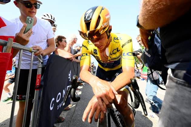 Criterium du Dauphine 2025 Stage 6 COMBLOUX, FRANCE - JUNE 13 : Evenepoel Remco (BEL) of Soudal - Quick Step after stage 6 of the 77th edition of Criterium du Dauphine Libere an UCI World Tour 2.UWT cycling road race stage for Men Elite of 126.7 km with start in Valserhone and finish in Combloux on June 13, 2025 in Combloux, France, 13 06 2025 ( Motordriver Kenny Verfaillie - Combloux France  Copyright: xVincentxKalutx