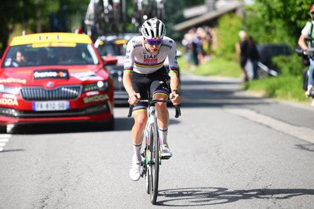 Criterium du Dauphine 2025 Stage 6 COMBLOUX, FRANCE - JUNE 13 : Pogacar Tadej (SLO) of UAE Team Emirates - XRG during stage 6 of the 77th edition of Criterium du Dauphine Libere an UCI World Tour 2.UWT cycling road race stage for Men Elite of 126.7 km with start in Valserhone and finish in Combloux on June 13, 2025 in Combloux, France, 13 06 2025 ( Motordriver Kenny Verfaillie - Combloux France  Copyright: xVincentxKalutx
