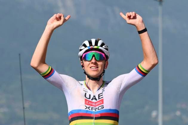 Criterium du Dauphine 2025 Stage 6 COMBLOUX, FRANCE - JUNE 13 : Pogacar Tadej (SLO) of UAE Team Emirates - XRG wins during stage 6 of the 77th edition of Criterium du Dauphine Libere an UCI World Tour 2.UWT cycling road race stage for Men Elite of 126.7 km with start in Valserhone and finish in Combloux on June 13, 2025 in Combloux, France, 13 06 2025 ( Motordriver Kenny Verfaillie - Combloux France  Copyright: xVincentxKalutx