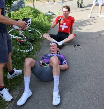 13 06 2025 Gippingen Switzerland Cycling GP Gippingen Grand Prix of the Canton of Aargau Picture Mauro Schmid SUI and Patrick Gamper Team Jayco Alula after the end of the race