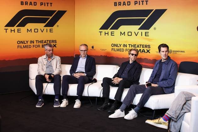 F1 - CANADIAN GRAND PRIX 2025 Eddy Cue, Senior Vice President Services, Apple, KOSINSKI Josef (USA), film director of the Apex F1 movie by Apple Studios Bruckheimer Films, portrait, DOMENICALI Stefano (ita), Chairman and CEO Formula One Group FOG, portrait and BRUCKHEIMER Jerry (USA), Television and film producer for the Apex F1 movie by Apple Studios Bruckheimer Films, portrait during the Formula 1 Pirelli Grand Prix du Canada 2025, 10th round of the 2025 FIA Formula One World Championship, WM, Weltmeisterschaft from June 14 to 16, 2025 on the Circuit Gilles Villeneuve, in Montrà al, Canada - Montrà alCanada Copyright: xEricxAlonsox