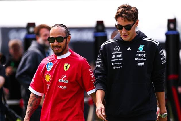 Formel 1, GP Kanada in Montreal F1 - CANADIAN GRAND PRIX 2025 HAMILTON Lewis (gbr), Scuderia Ferrari SF-25, portrait and RUSSELL George (gbr), Mercedes AMG F1 Team W16, portrait during the Formula 1 Pirelli Grand Prix du Canada 2025, 10th round of the 2025 FIA Formula One World Championship, WM, Weltmeisterschaft from June 14 to 16, 2025 on the Circuit Gilles Villeneuve, in Montrà al, Canada - Montrà alCanada Copyright: xEricxAlonsox