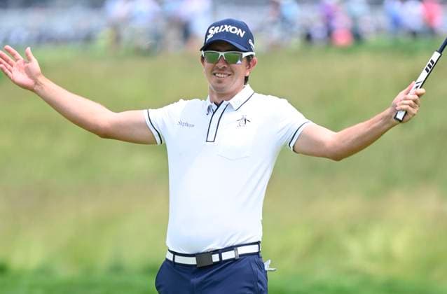 Nico Echavarria of Colombia reacts after sinking a birdie putt on the 8th hole during the second round of the 125th U.S. Open Golf Championship at Oakmont Country Club in Oakmont, Pennsylvania on Friday, June 13, 2025.  PIT20250613613 ARCHIExCARPENTER