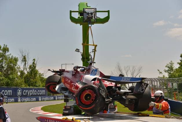 13 06 2025, Circuit Gilles Villeneuve, Montreal, FORMULA 1 PIRELLI GRAND PRIX DU CANADA 2025 , in the picture accident of Charles Leclerc MCO , Scuderia Ferrari HP Photo by Francois Tremblay Hasan Bratic DeFodi Images