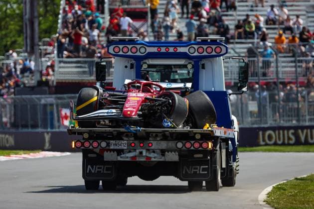 F1 - CANADIAN GRAND PRIX 2025 16 LECLERC Charles (mco), Scuderia Ferrari SF-25, action crash, accident, during the Formula 1 Pirelli Grand Prix du Canada 2025, 10th round of the 2025 FIA Formula One World Championship, WM, Weltmeisterschaft from June 14 to 16, 2025 on the Circuit Gilles Villeneuve, in MontrÃ al, Canada - MontrÃ alCanada  Copyright: xFLORENTxGOODENx