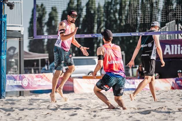 Beach volleyball men Allianz German Beach Tour 2025 Tourstop Bremen 13 06 2025 v l Jonathan Erdmann and Nejc Zemljak cheer Bremen Waterfront Bremen Germany