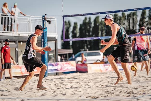 Beach volleyball men Allianz German Beach Tour 2025 Tourstop Bremen 13 06 2025 v l Jonas Reinhardt and Robin Sowa cheer Bremen Waterfront Bremen Germany