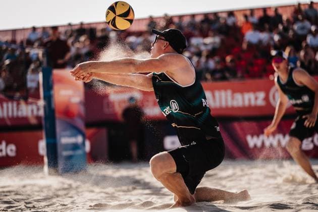 Beach volleyball men Allianz German Beach Tour 2025 Tourstop Bremen 13 06 2025 Jonas Reinhardt plays the ball Bremen Waterfront Bremen Germany