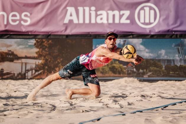 Beach volleyball men Allianz German Beach Tour 2025 Tourstop Bremen 13 06 2025 Nejc Zemljak jumps to the ball Bremen Waterfront Bremen Germany