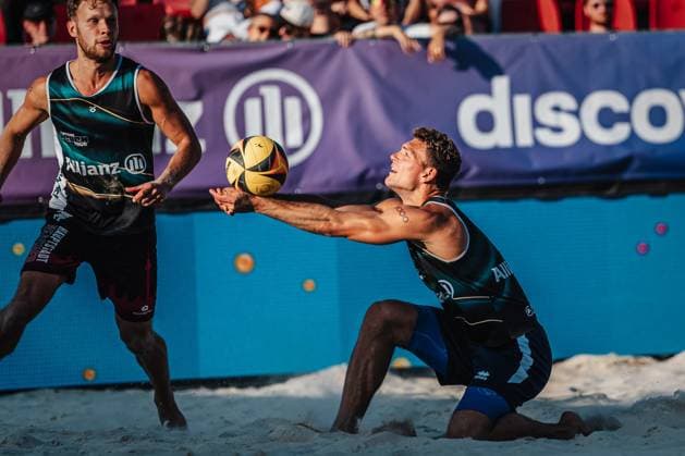 Beach volleyball men Allianz German Beach Tour 2025 Tourstop Bremen 13 06 2025 Daniel Kirchner plays the ball Bremen Waterfront Bremen Germany