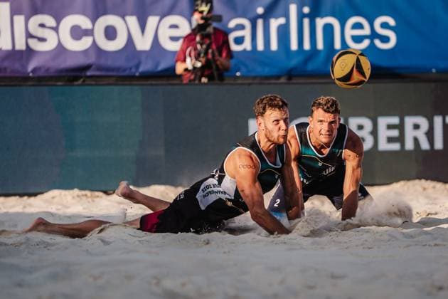 Beach volleyball men Allianz German Beach Tour 2025 Tourstop Bremen 13 06 2025 f l Eric Stadie Seeber and Daniel Kirchner jump to the ball Bremen Waterfront Bremen Germany