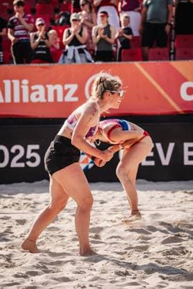 Beach volleyball women Allianz German Beach Tour 2025 Tourstop Bremen 13 06 2025 f l Sandra Ferger and Larissa Claassen cheer Bremen Waterfront Bremen Germany