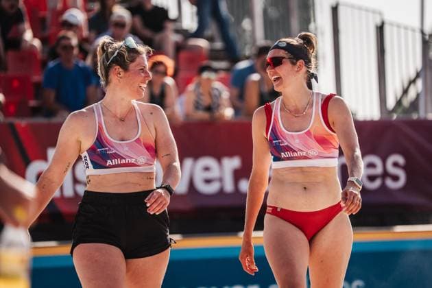Beach volleyball women Allianz German Beach Tour 2025 Tourstop Bremen 13 06 2025 f l Sandra Ferger and Larissa Claassen cheer Bremen Waterfront Bremen Germany