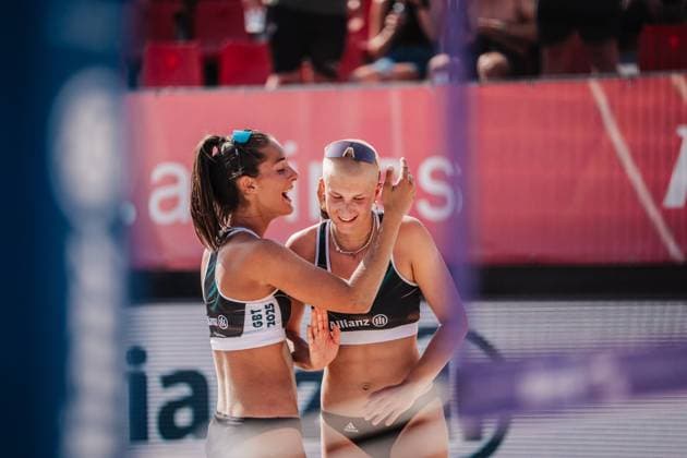 Beach volleyball women Allianz German Beach Tour 2025 Tourstop Bremen 13 06 2025 f l Sophia Neuss and Mareet Maidhof celebrate after the victory Bremen Waterfront Bremen Germany
