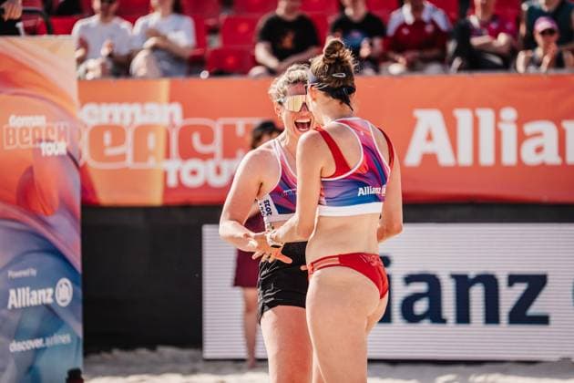 Beach volleyball women Allianz German Beach Tour 2025 Tourstop Bremen 13 06 2025 f l Sandra Ferger and Larissa Claassen cheer Bremen Waterfront Bremen Germany