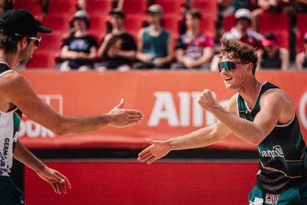 Beach volleyball men Allianz German Beach Tour 2025 Tourstop Bremen 13 06 2025 f l Niklas Held and Hennes Nissen are looking forward Bremen Waterfront Bremen Germany