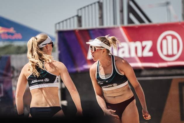 Beach volleyball women Allianz German Beach Tour 2025 Tourstop Bremen 13 06 2025 f l Anna Behlen and Chenoa Christ cheer Bremen Waterfront Bremen Germany