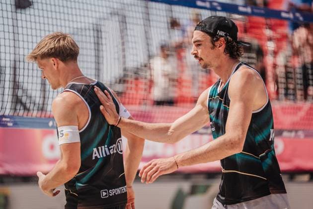 Beach volleyball men Allianz German Beach Tour 2025 Tourstop Bremen 13 06 2025 f l Luis Kubo and Jannik Kühlborn Bremen Waterfront Bremen Germany