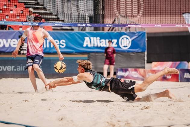 Beach volleyball men Allianz German Beach Tour 2025 Tourstop Bremen 13 06 2025 Luis Kubo jumps to the ball Bremen Waterfront Bremen Germany