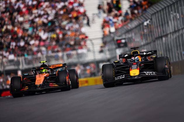 Sport Bilder des Tages F1 - CANADIAN GRAND PRIX 2025 01 VERSTAPPEN Max (nld), Red Bull Racing RB21, action and 04 NORRIS Lando (gbr), McLaren F1 Team MCL39, action during the Formula 1 Pirelli Grand Prix du Canada 2025, 10th round of the 2025 FIA Formula One World Championship, WM, Weltmeisterschaft from June 14 to 16, 2025 on the Circuit Gilles Villeneuve, in MontrÃ al, Canada - MontrÃ alCanada  Copyright: xEricxAlonsox