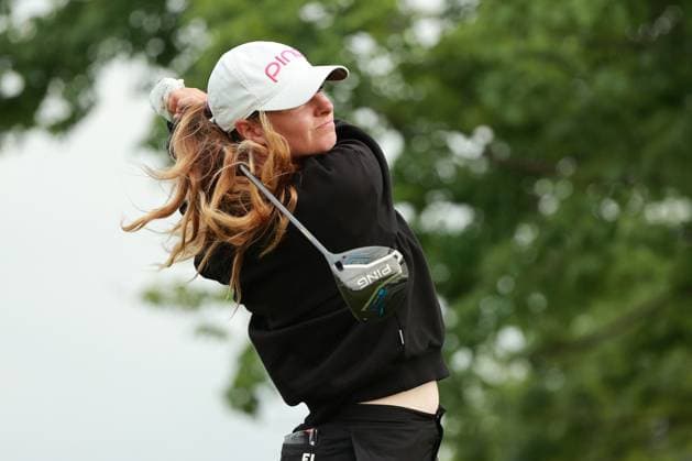 Meijer LPGA, Golf Damen Classic BELMONT, MICHIGAN-JUNE 13: Caley McGinty of England plays her tee shot on the second hole during the second round of the Meijer LPGA Classic for Simply Give golf tournament at Blythefield Country Club in Belmont, MI, USA Friday, June 13, 2025. Belmont Michigan United States  Copyright: xJorgexLemusx originalFilename:lemus-meijerlp250613_npIXU.jpg