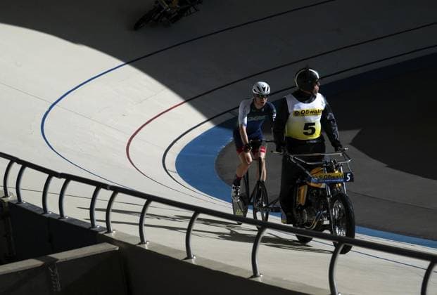 BAHNRADSPORT STEHER DERNY DM 2025 FOR EDITORIAL PURPOSES ONLY EDITORIAL USE ONLY p 13 06 2025 Erfurt German Championship Steher amp Derny 2025 at the Andreasried Cycling Track Steher Elite Men Preliminary Run 1 in photo Christoph Heese 028 with pacemaker Thomas Baur 5 Germany Thueringen Erfurt Copyright SaschaxFromm Copyright: SaschaxFromm doc812i5eicwvtun6mtmz9 ,EDITORIAL USE ONLY Copyright: SaschaxFromm